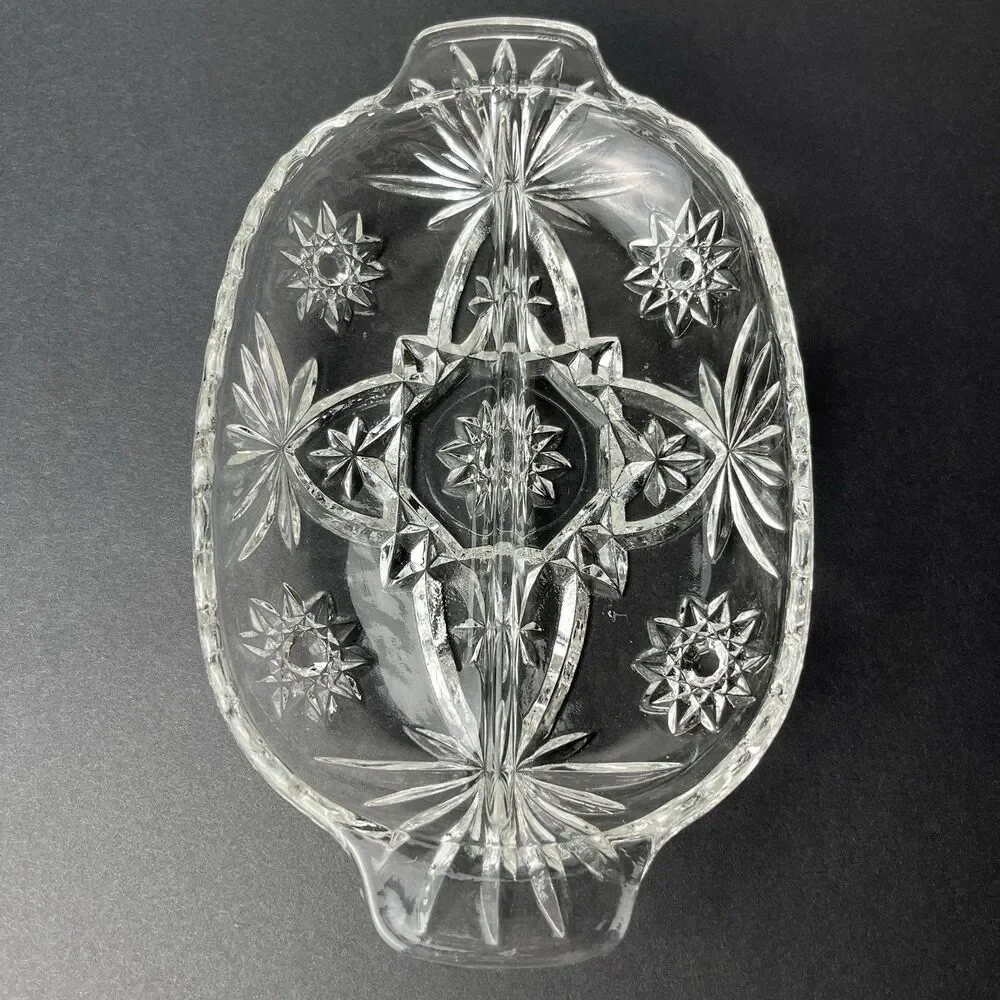Vtg Anchor Hocking Glass Oval Divided Relish Dish Star of David Tablescape Decor
